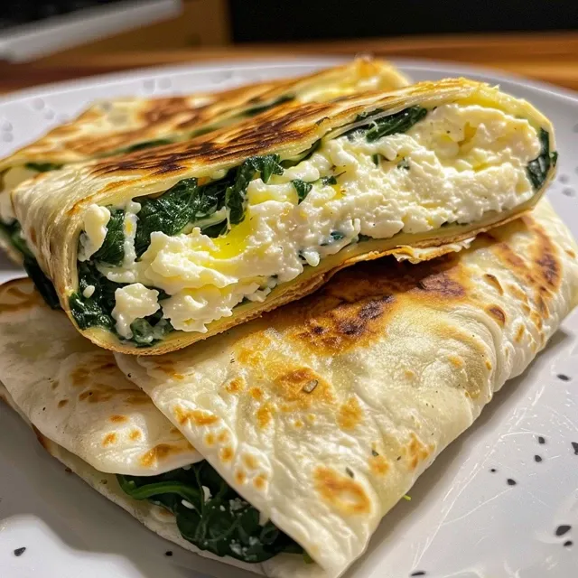 Side view of a delicious wrap filled with eggs, cottage cheese, and fresh spinach, highlighting its fresh ingredients.