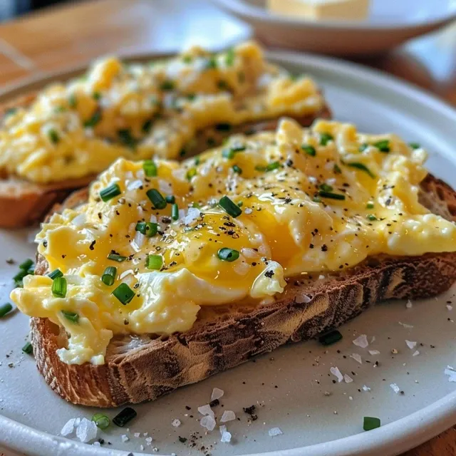 Side view of a deliciously fluffy scrambled egg on thick-cut toast garnished with chives.