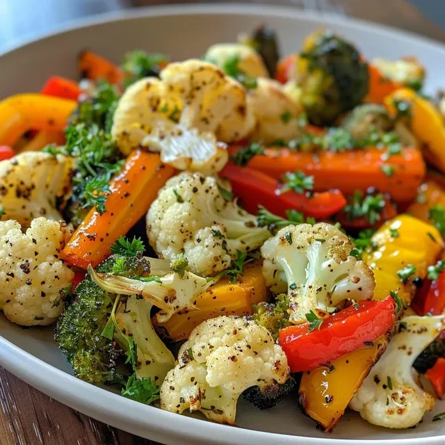 Side angle of savory roasted vegetables with a golden hue, featuring carrots, garlic, and herbs.