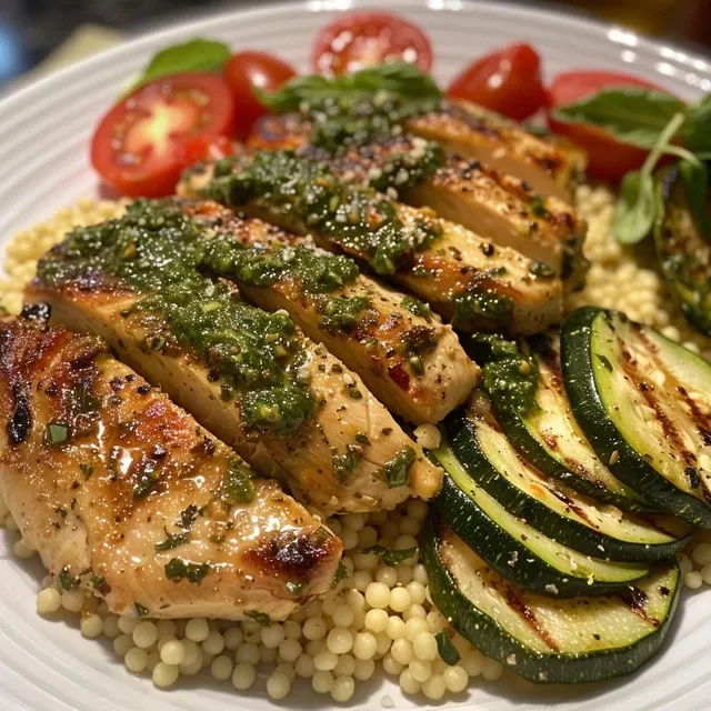 A plate of pesto chicken couscous with zucchini, tomatoes, and garnished herbs.