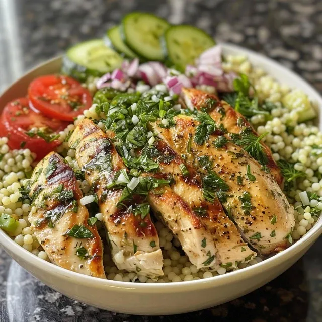 Juicy herbed chicken served over fluffy couscous with fresh herbs and tzatziki.