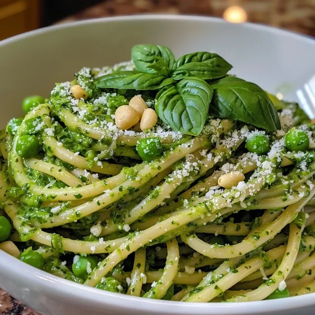 Juicy pesto pasta featuring green peas and mint leaves, showcasing rich and colorful ingredients.