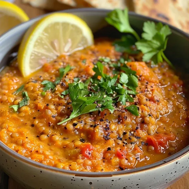 Side view of a bowl filled with delicious Turkish Red Lentil Soup, featuring vibrant colors.