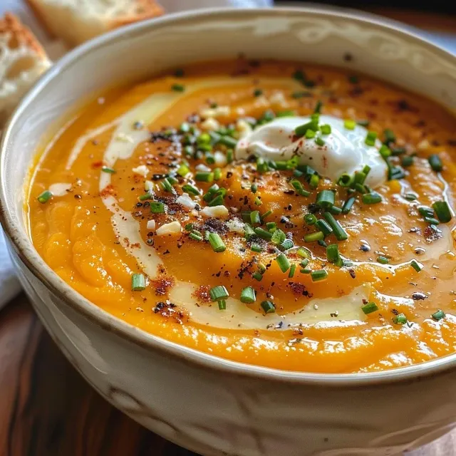 Side view of a hearty bowl of roasted pumpkin soup with chives and red pepper flakes.