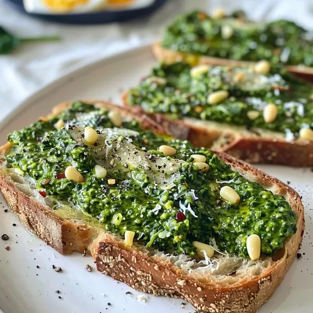 Side view of spinach pesto spread on crusty sourdough bread, garnished with chili flakes.