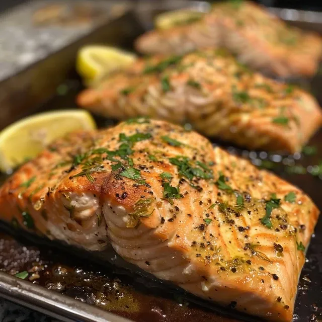 Side angle of juicy baked salmon, showcasing a golden, crispy skin and vibrant lemon wedges.