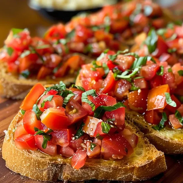Side view of Classic Bruschetta showcasing vibrant tomatoes and fresh herbs on crusty baguette slices.