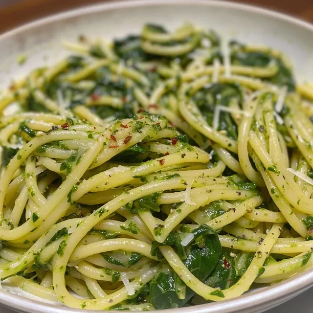 Side view of vegan spinach garlic pasta with cashews in a bowl.