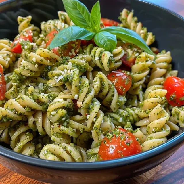 Side view of a vibrant plate of gluten-free pasta topped with pesto and fresh basil leaves.