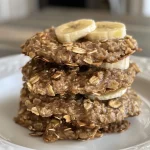 Close-up side view of a stack of 3-ingredient banana oatmeal cookies on a wooden surface.