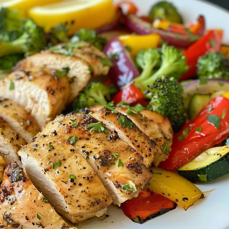 Juicy air-fried chicken breasts alongside colorful vegetables on a plate.