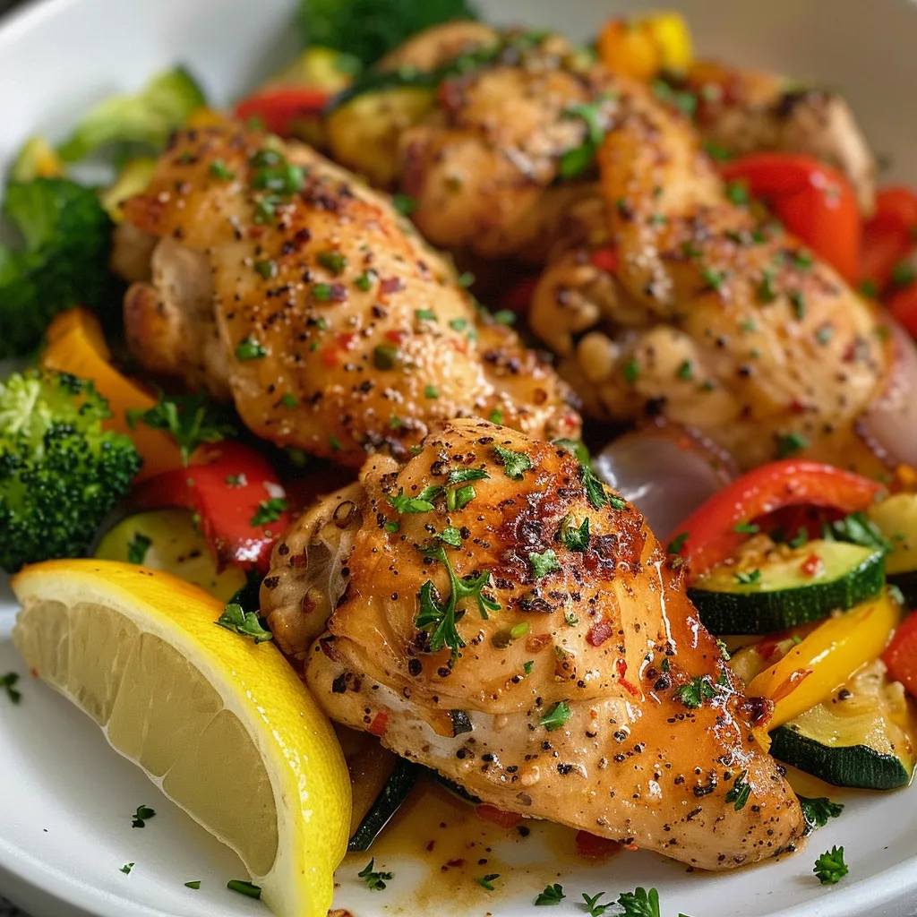 A close-up view of air fryer chicken breasts with zucchini, bell peppers, and broccoli.