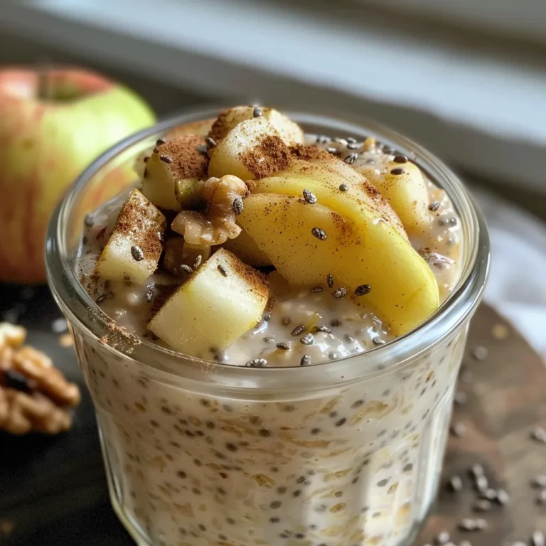 Close-up view of healthy apple cinnamon overnight oats in a glass jar.