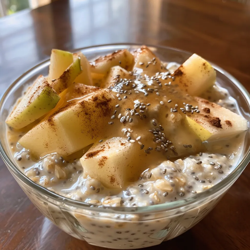 Side view of apple cinnamon overnight oats topped with diced apples and cinnamon.