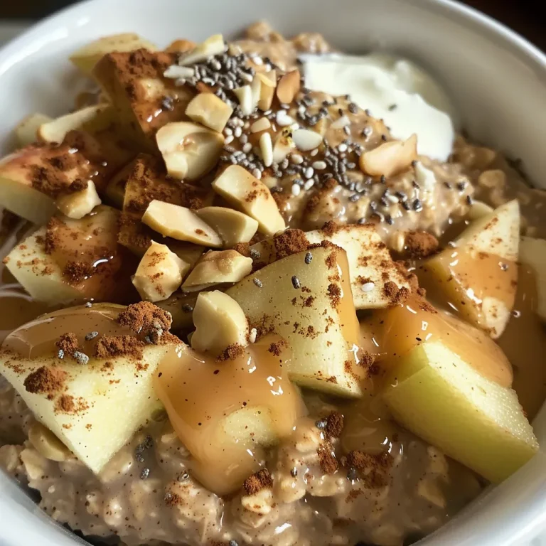 Close-up view of apple cinnamon protein overnight oats in a bowl, garnished with chopped nuts.