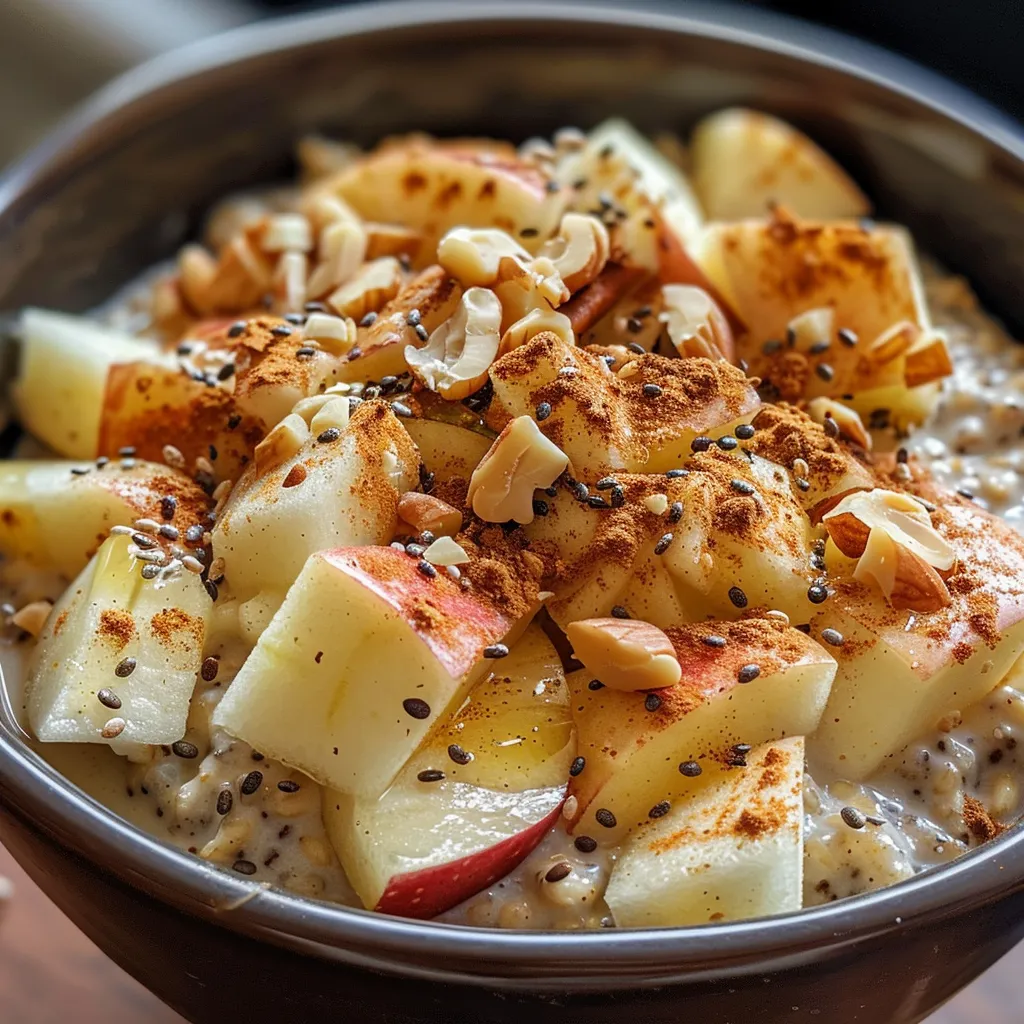 Side perspective of creamy apple cinnamon overnight oats, showcasing diced apples and a sprinkle of cinnamon.