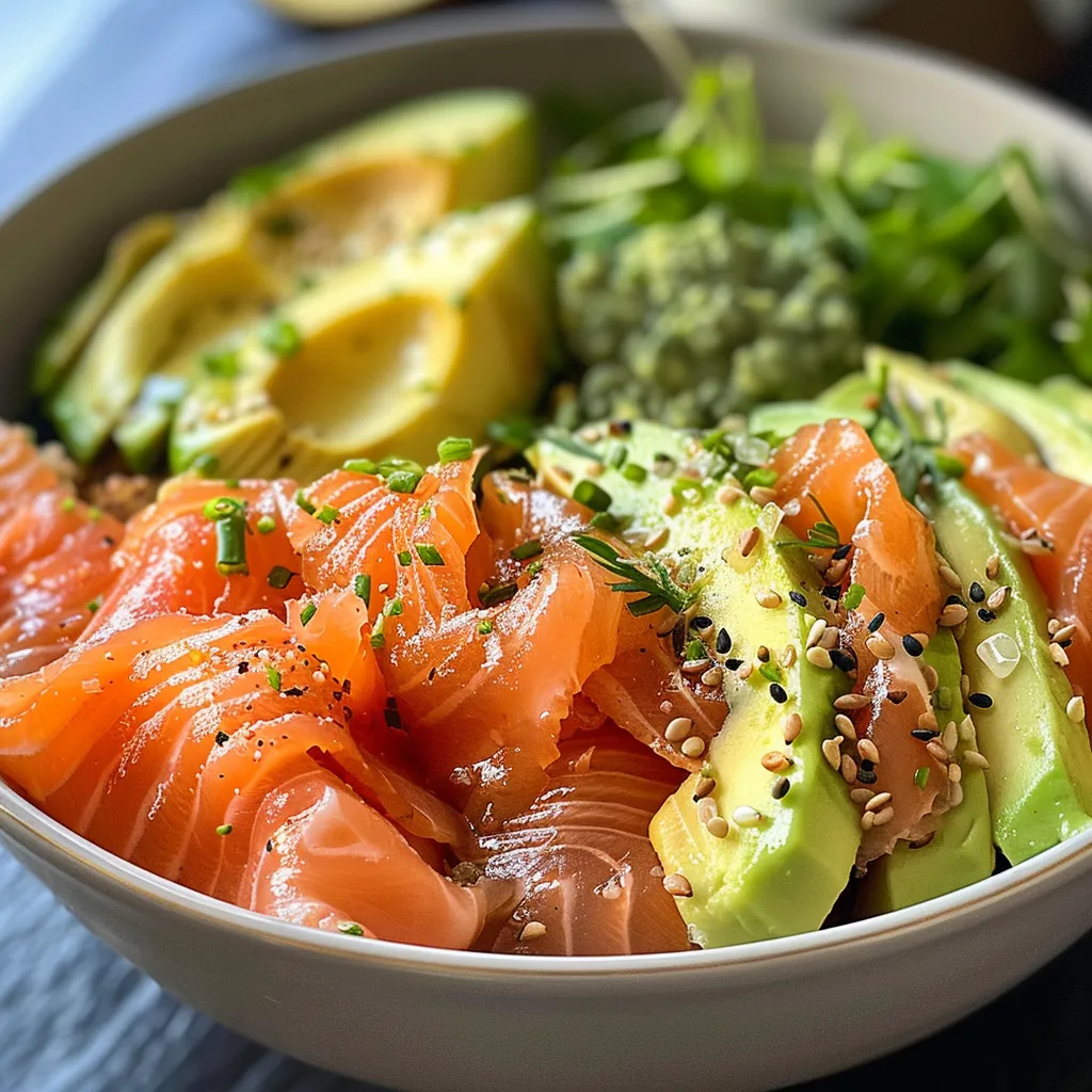 Vibrant avocado and smoked salmon bowl with fresh herbs displayed from the side.
