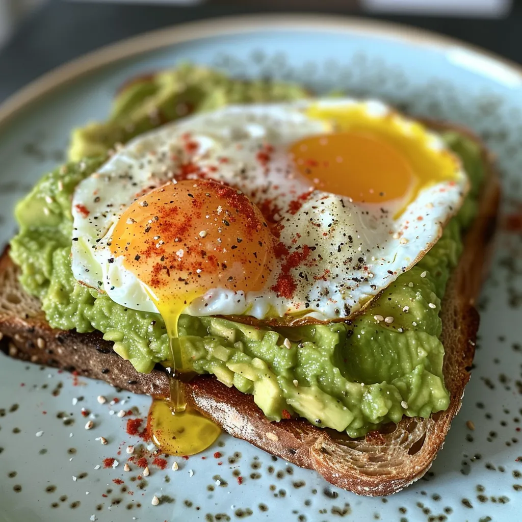 Side view of avocado toast with a sunny-side-up egg, garnished with red pepper flakes on a wooden plate.