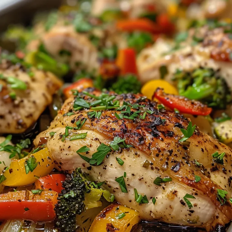 Nourishing Baked Chicken and Veggies: A Heartfelt Dinner Idea A side view close-up of juicy baked chicken breast served with colorful mixed vegetables.