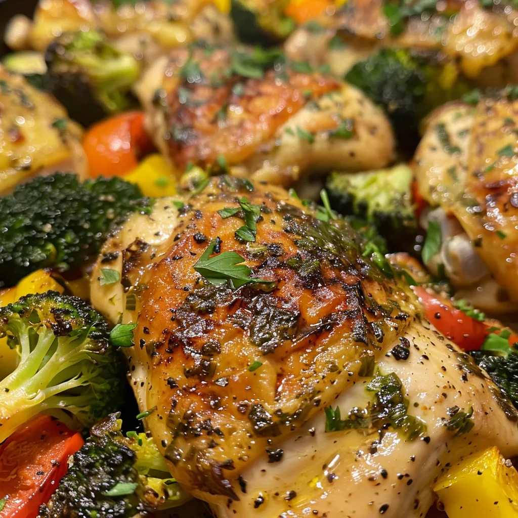 Juicy baked chicken breast alongside vibrant vegetables, captured in a side profile.