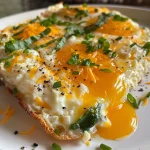 Close-up of baked cottage cheese eggs in a dish, showcasing a golden top and a creamy texture.