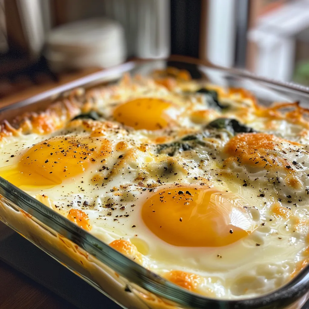 Side view of fluffy baked cottage cheese eggs with cheddar cheese and spinach, highlighted from an iPhone.