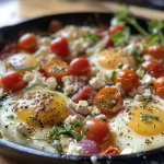 Close-up of baked feta eggs with cherry tomatoes and spinach.