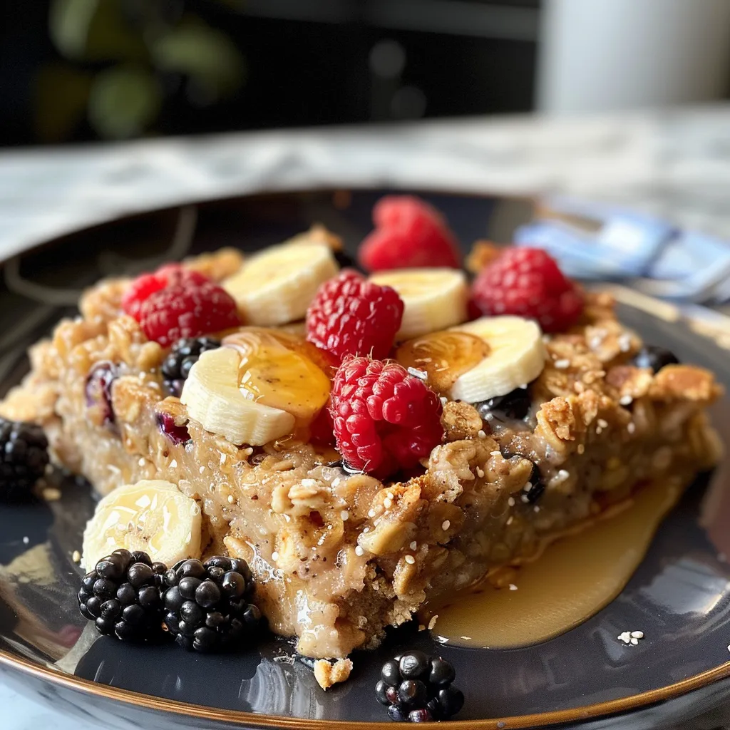 Side view of a dish of baked oatmeal showing oats, berries, and a golden crust.