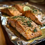 Close-up of a juicy baked salmon fillet wrapped in foil, garnished with herbs.