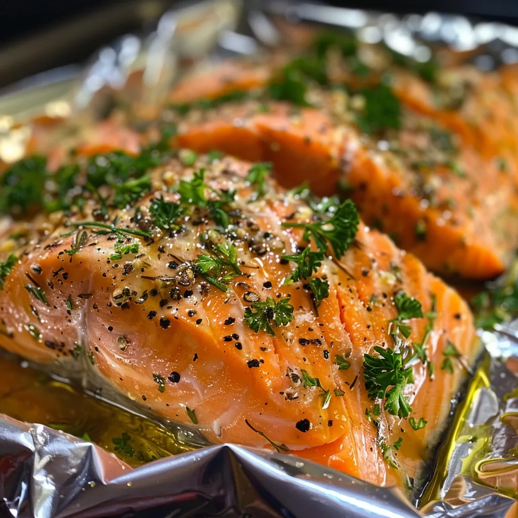 Side view of a succulent salmon dish, showcasing garlic and herbs in foil.