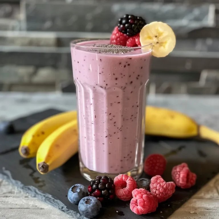 Close-up of a creamy Banana Berry Smoothie with vibrant mixed berries.