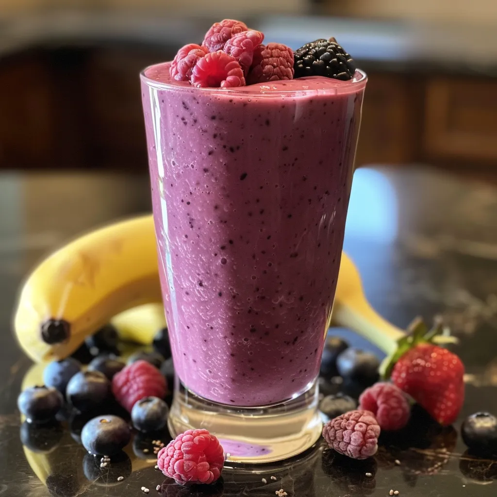 Side view of a refreshing smoothie made with banana and assorted berries.