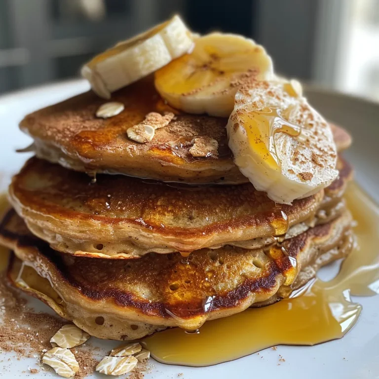 Close-up view of golden-brown banana oat protein pancakes stacked on a plate.