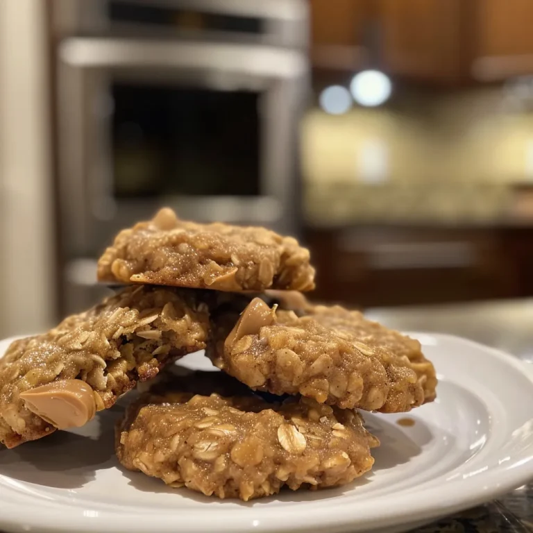 Close-up of freshly baked banana oatmeal peanut butter cookies on a wooden surface.