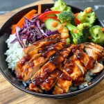 Close-up view of a BBQ chicken bowl featuring shredded chicken, rice, and colorful vegetables.
