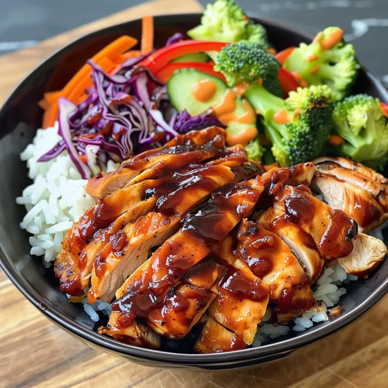 Close-up view of a BBQ chicken bowl featuring shredded chicken, rice, and colorful vegetables.