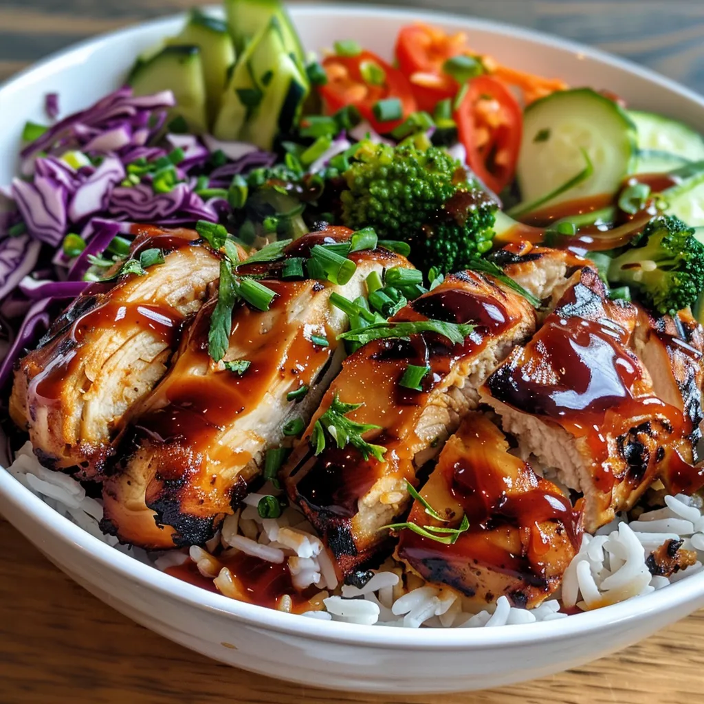 Side perspective of a BBQ chicken bowl with bright ingredients including chicken, rice, and colorful toppings.