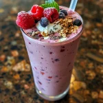 Close-up view of a vibrant Berry Blast Protein Smoothie with garnishes.