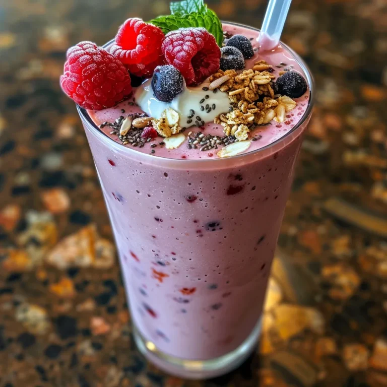 Close-up view of a vibrant Berry Blast Protein Smoothie with garnishes.