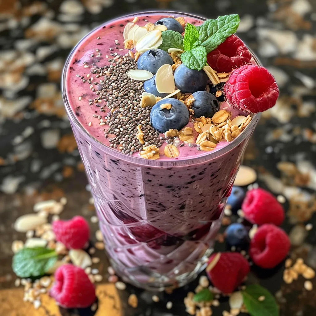 A delicious Berry Blast Protein Smoothie in a glass, showcasing colorful fruits.