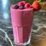 A close-up view of a creamy berry smoothie with oatmeal garnished with fresh berries.