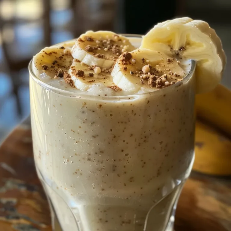 Close-up view of a creamy banana smoothie in a glass, garnished with a banana slice.