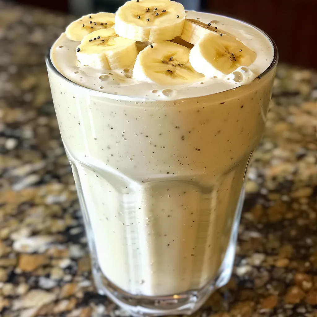 Side view of a vibrant banana smoothie with a textured surface, presented on a wooden table.