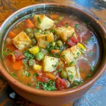 Close-up of a vibrant vegetable soup in a bowl, showcasing a variety of colorful vegetables.