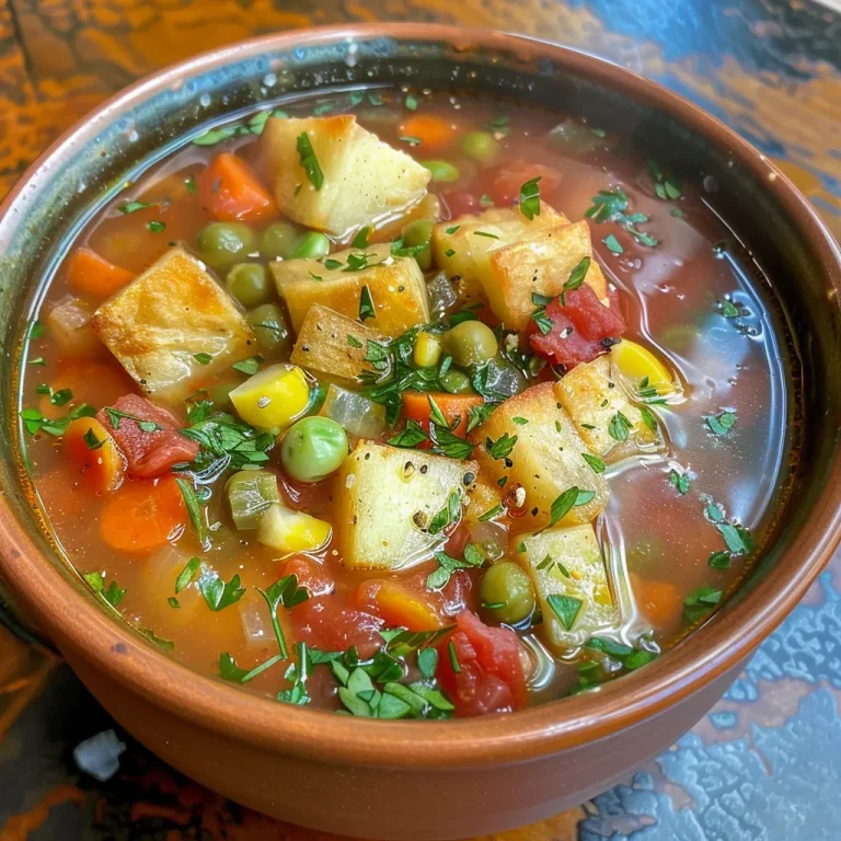 Close-up of a vibrant vegetable soup in a bowl, showcasing a variety of colorful vegetables.
