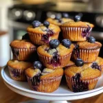 Close-up of a golden-brown blueberry muffin with a moist texture and visible blueberries.