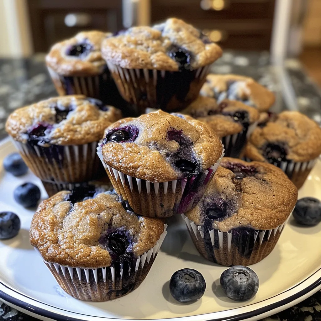 Side view of freshly baked cottage cheese muffins, speckled with juicy blueberries.