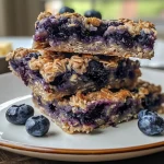 Close-up view of chewy blueberry oat bars on a plate, showcasing juicy blueberries.