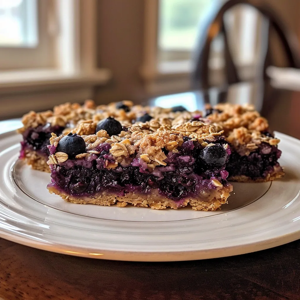 Side angle of homemade blueberry oat bars, highlighting their textured layers with a hint of oats.