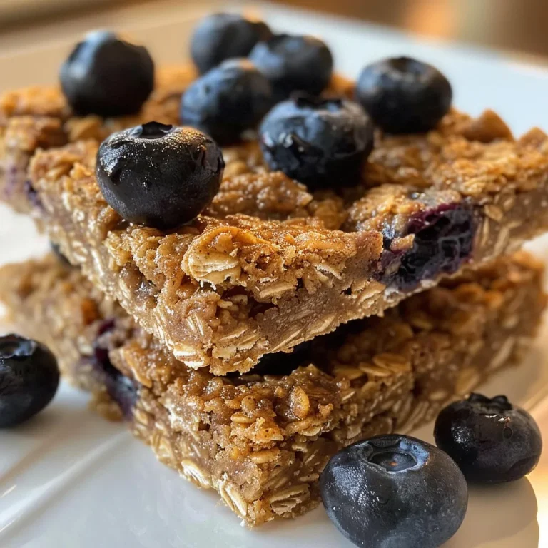 Wholesome Blueberry Oat Breakfast Bars for Busy Mornings A close-up side view of delicious blueberry oat breakfast bars, showcasing juicy blueberries and a golden brown texture.